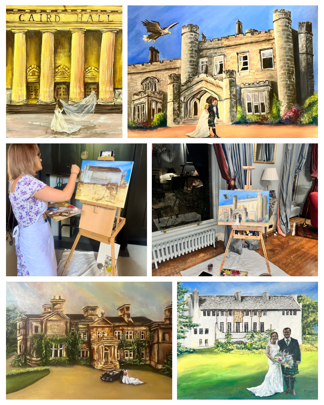 Collage of six paintings and photos related to a wedding, showcasing castle and mansion scenes, and an artist painting a wedding portrait.