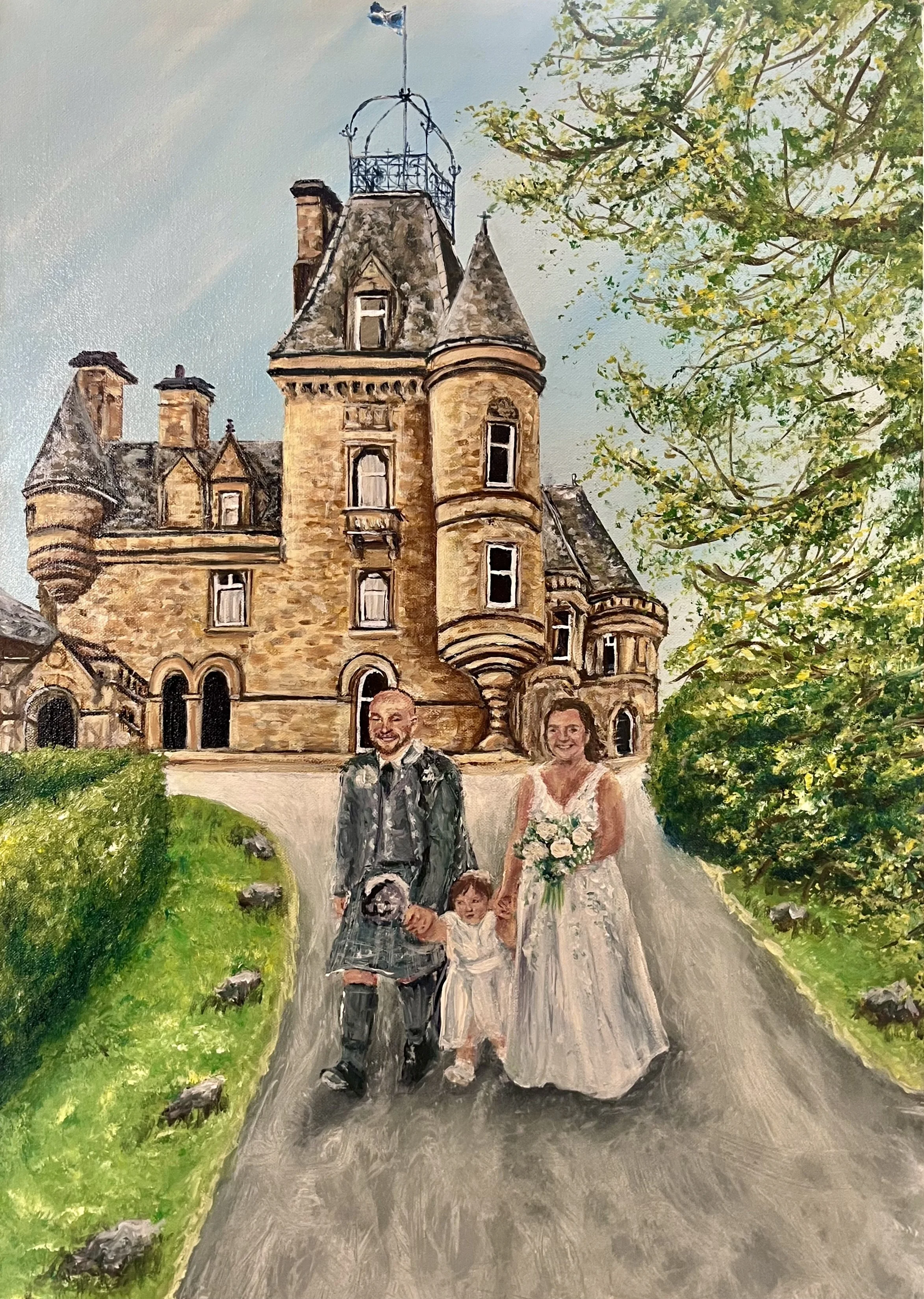 A painting of a wedding couple walking down a path in front of a castle. The bride is holding a bouquet and the groom has a suit and a tie. Their young child, also dressed in white, is holding their hands. The scene is surrounded by green trees and grass, with a blue sky overhead.