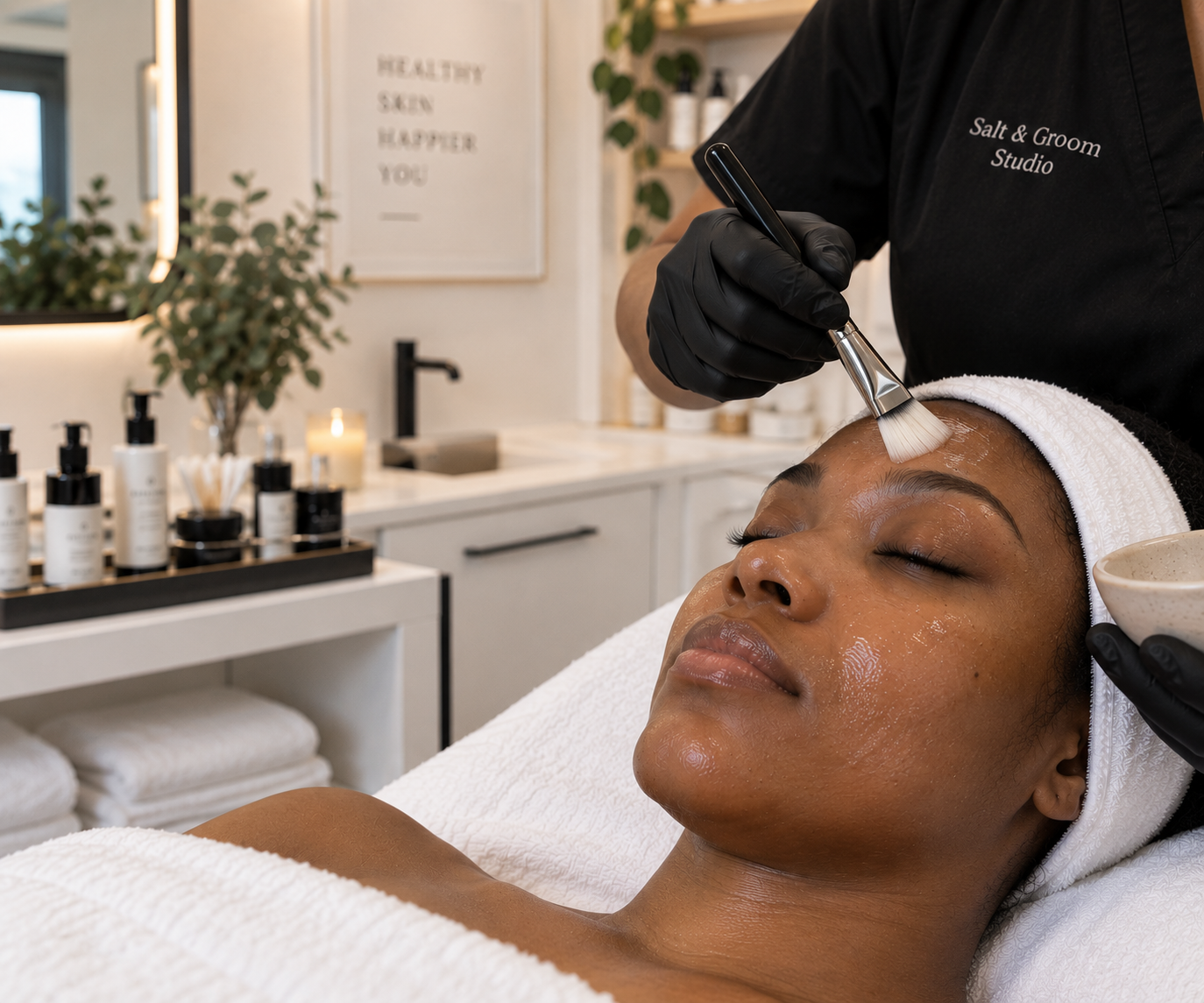 A woman receiving a facial treatment at a spa, lying down with a towel on her head and a facial mask applied, while a skincare professional brushes her face with a tool.