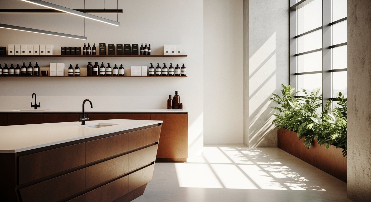 Modern interior space with a wooden island, black faucets, shelves with bottles and boxes, large windows with shadows, and a planter with green plants.