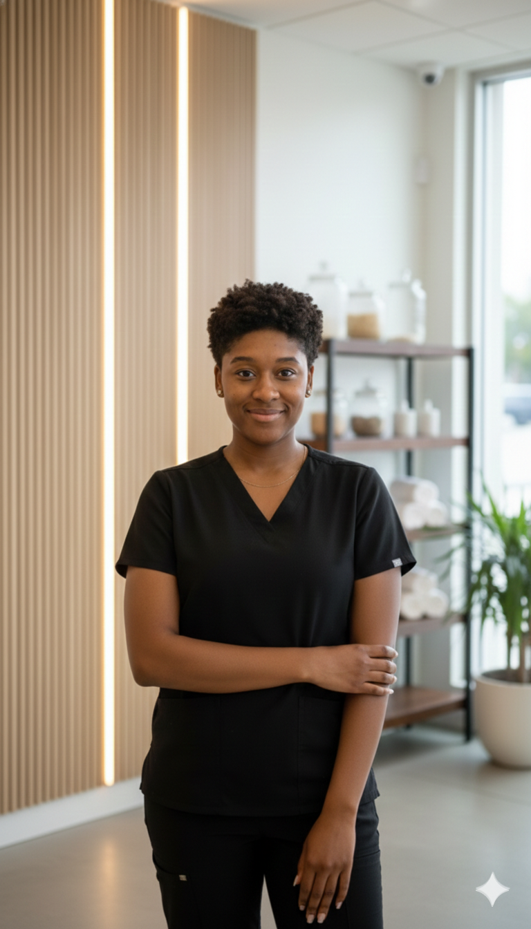 A smiling young woman in a black uniform standing with arms crossed in a modern, well-lit room with wooden slat wall, shelves with bottles and towels, and a large window.