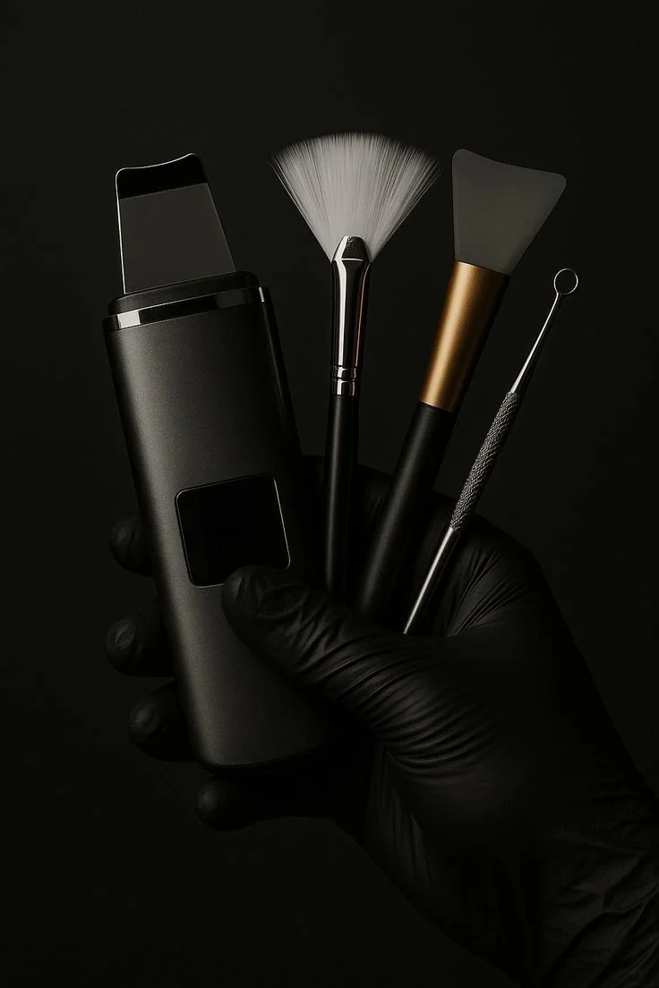 A hand wearing a black glove holding a digital device with three makeup brushes and a spatula against a black background.