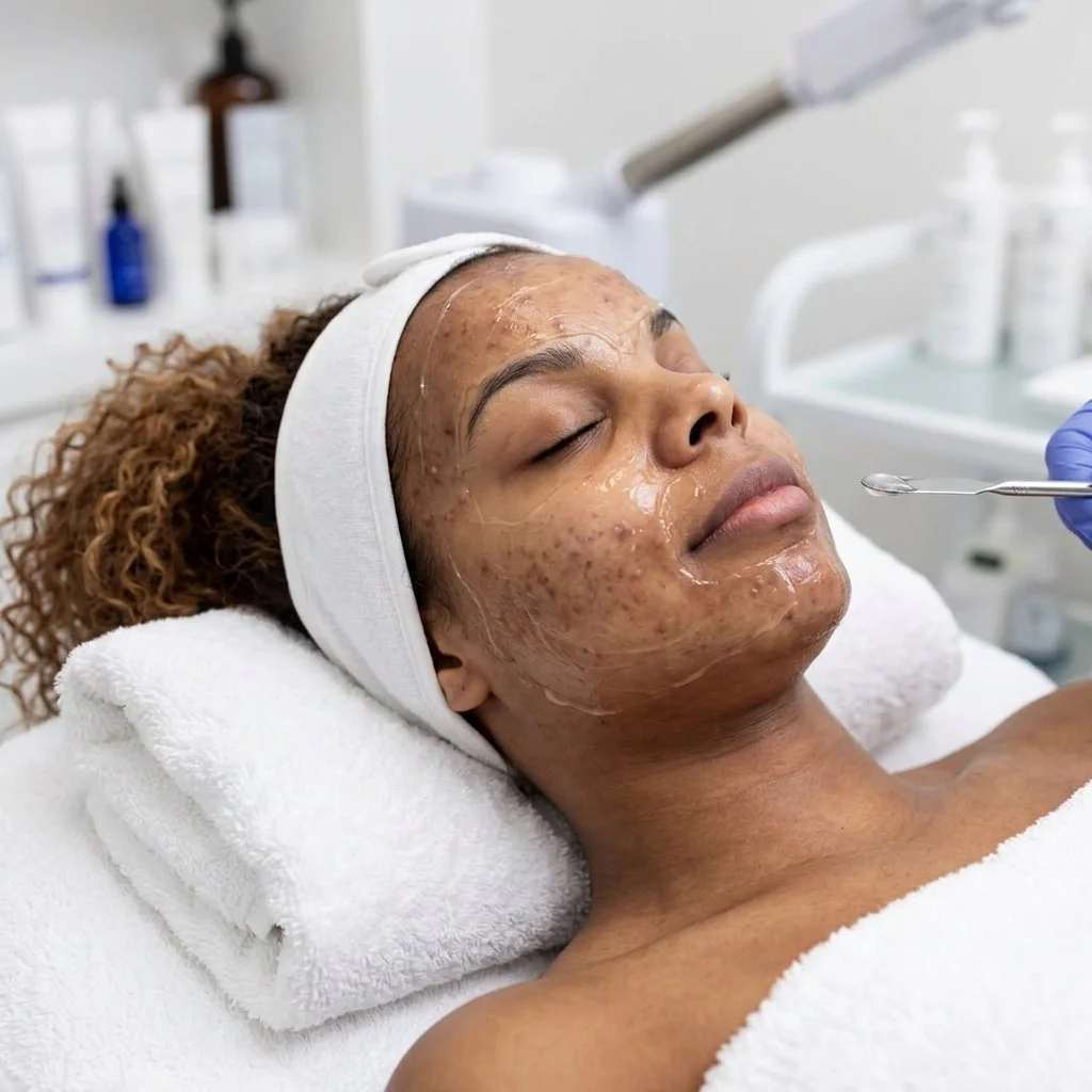 Woman receiving a facial treatment in a skincare clinic, lying down with a headband, with skincare product on her face, and a professional applying a serum or treatment with a tool.