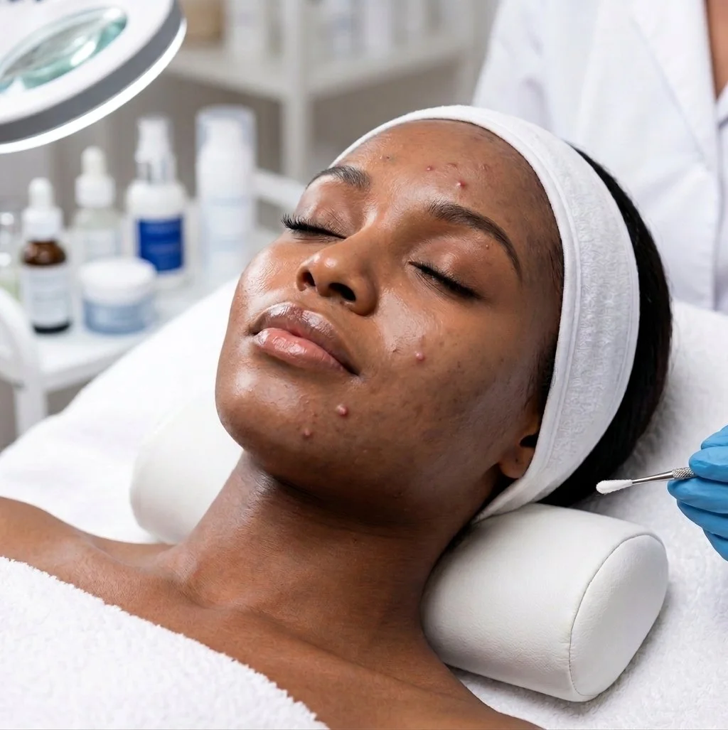 A woman lying on a treatment bed with her eyes closed, receiving a facial skincare treatment. A skincare professional in gloves uses a cotton swab near her cheek, which has visible acne and blemishes. The woman is wearing a white headband and appears relaxed.