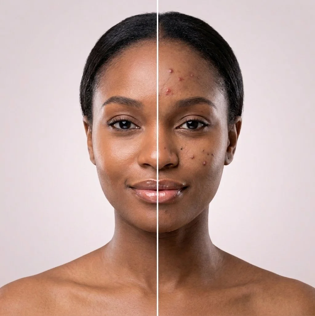 A split image of a woman showing clear skin on the left side and acne on the right side, illustrating skin before and after acne treatment.