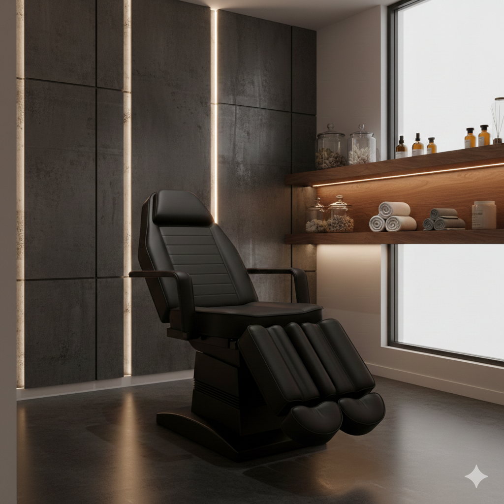 A modern, black leather salon or spa chair with leg rests in a minimalistic setting, featuring dark textured wall panels, wooden shelves with rolled towels and jars, and a large window providing natural light.