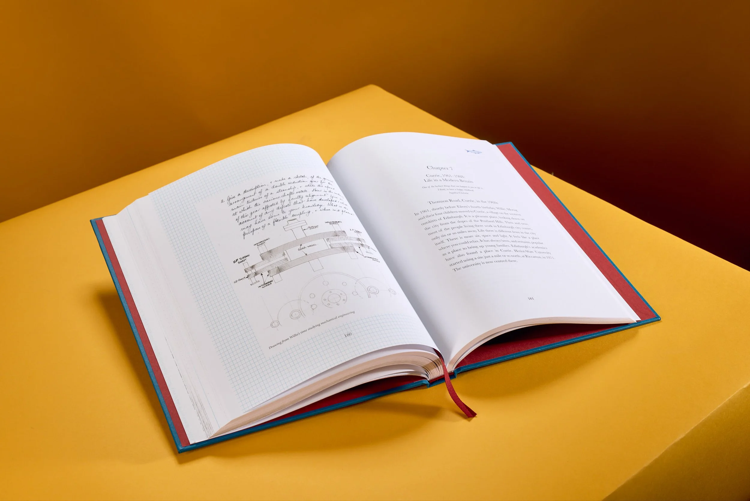Open book on yellow table, pages featuring technical drawings, diagrams, and text, with red and blue edges and a red bookmark.