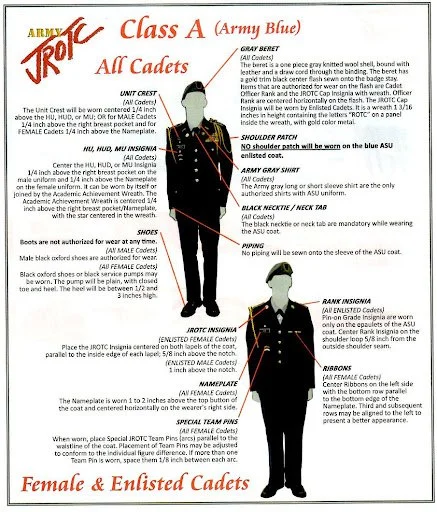 Illustration of a female military cadet in dress uniform with labels for uniform components, including gray beret, shoulder patch, gray shirt, black necktie, black necktie, blues, rank insignia, ribbons, and medals. Annotations describe the specifications and placement of each item.
