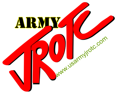 Graphic design featuring the words 'ARMY' in yellow, 'JROTC' in large red letters with a black slash, and a green URL 'www.usarmyjrotc.com' underneath.
