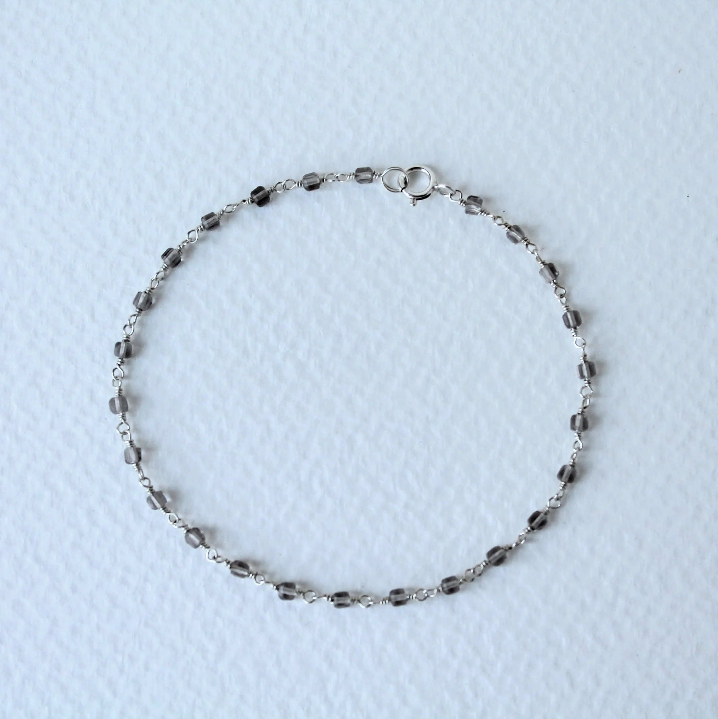 Smoky Quartz Dainty Cube Bead Bracelet - Sterling Silver