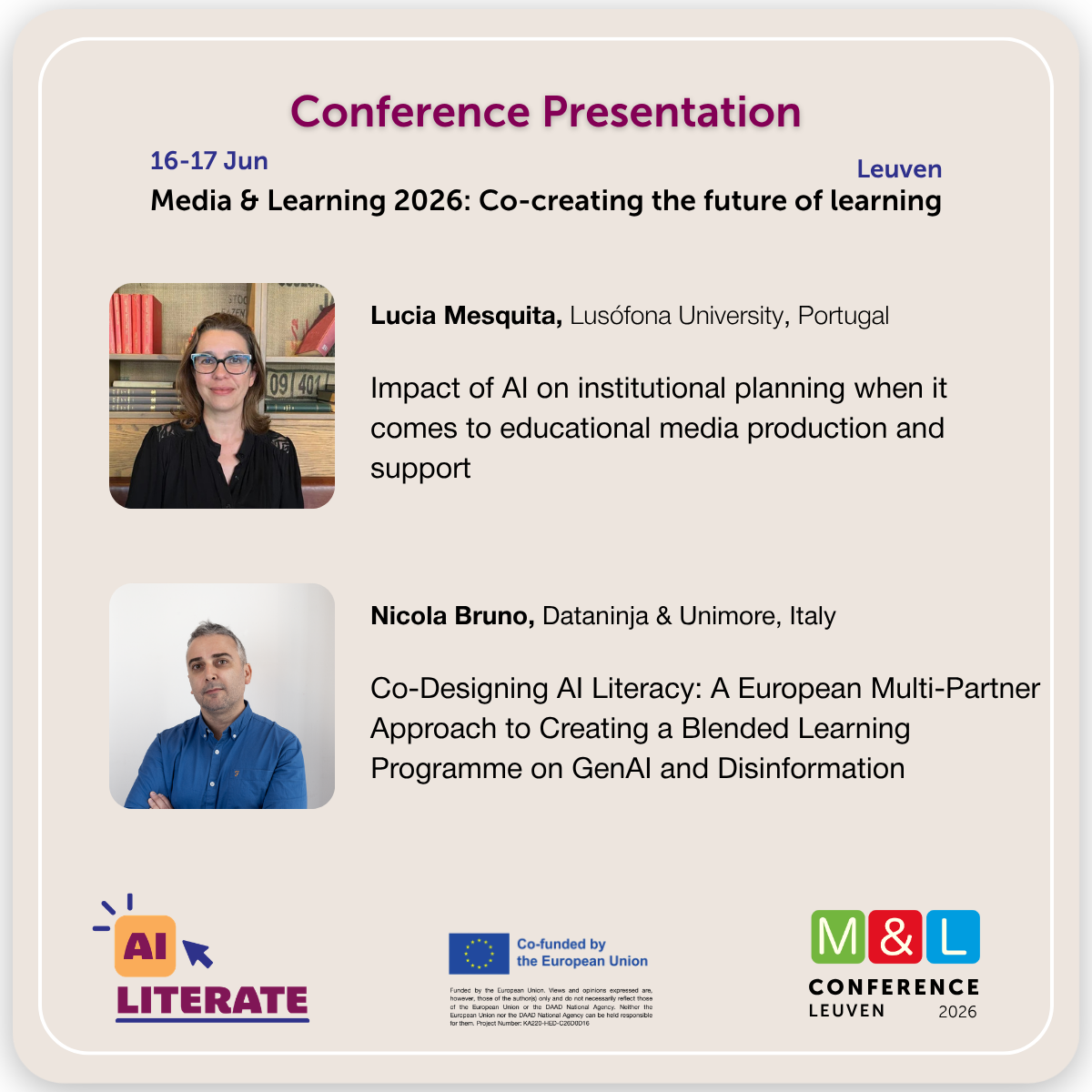 AI-Literate project presents collaborative AI literacy approaches at the Media &amp; Learning Conference 2026, Leuven, 17-18 Jun