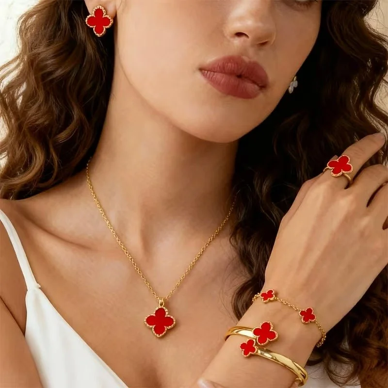 Lucky Clover Red & Gold 5-Piece Jewelry Set