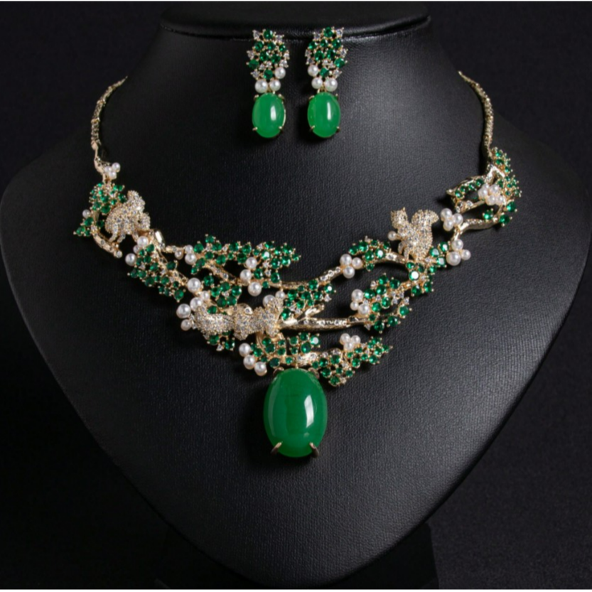 3-Piece Flower-Shaped Green Zirconia Jewelry Set