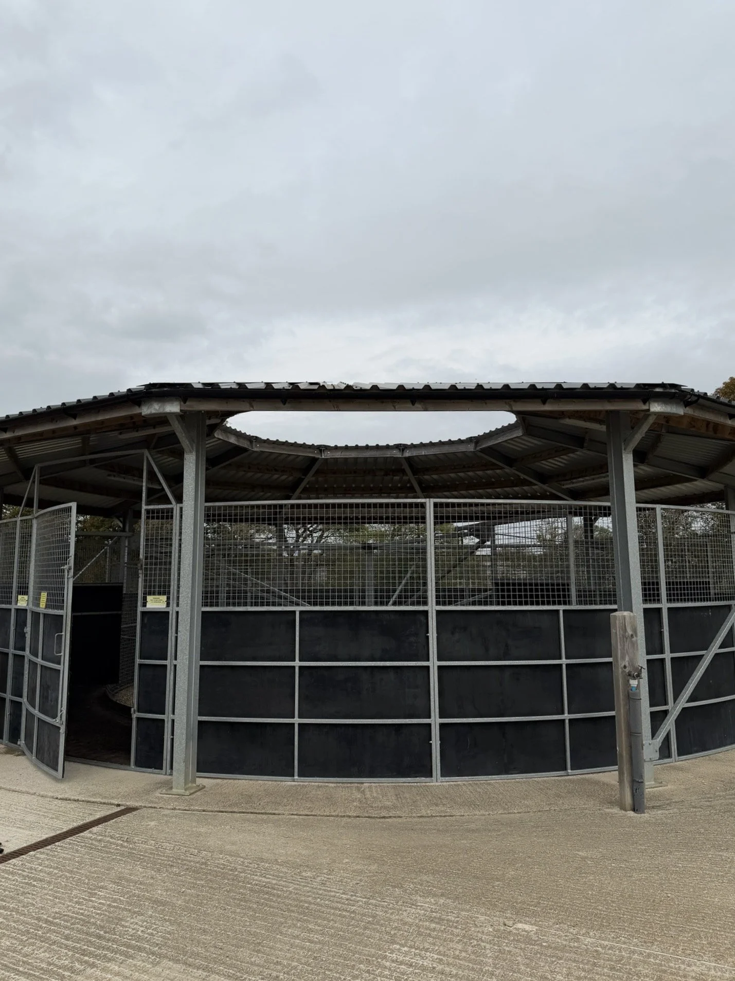 An empty outdoor animal enclosure with a metal roof, wire fencing, and a black base, situated on a concrete surface under cloudy skies.