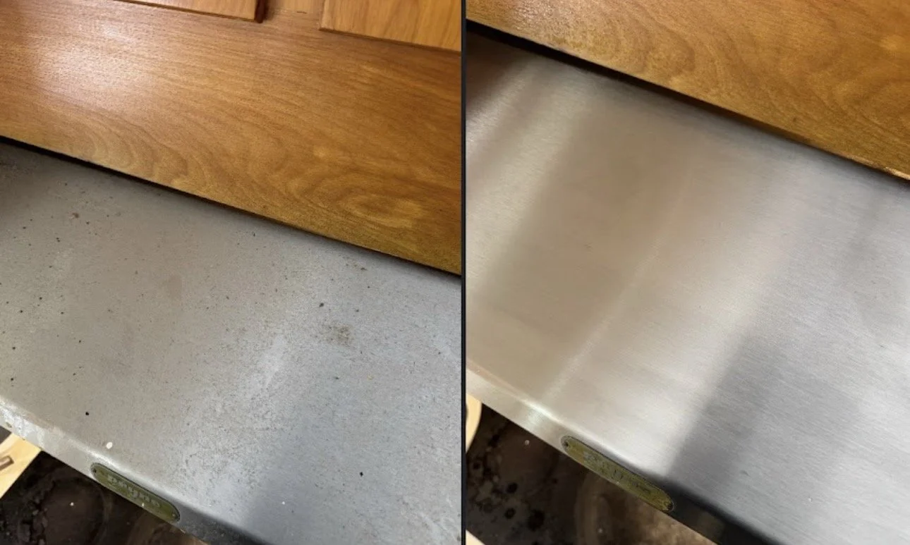 The left side shows a dusty, dirty metal surface under a wooden piece, and the right side shows a clean, shiny metal surface under the same wooden piece, illustrating cleaning progress.