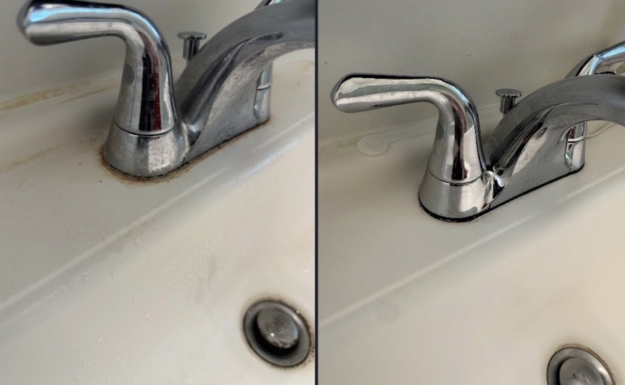 Comparison of a dirty sink with mold and grime around the faucet on the left and a clean sink after cleaning on the right.