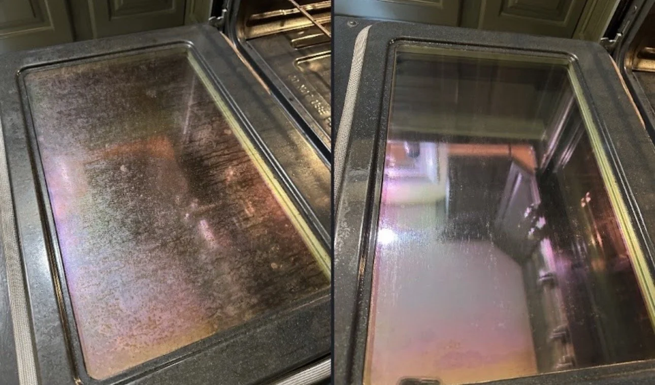 Comparison of oven oven, before and after cleaning, showing a dirty and a clean interior.