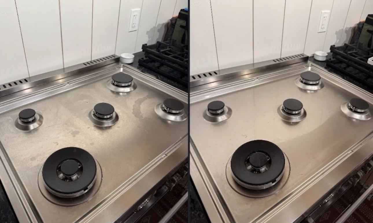 Side-by-side comparison of a stainless steel stovetop, showing greasy stains on the left and a clean surface on the right.
