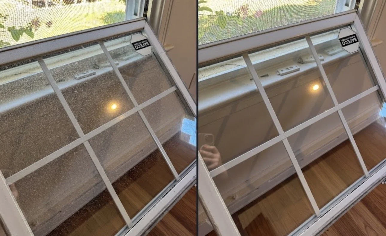 Comparison of a window with and without dust and grime. The left side shows a dusty, dirty window, while the right side shows a clean window.