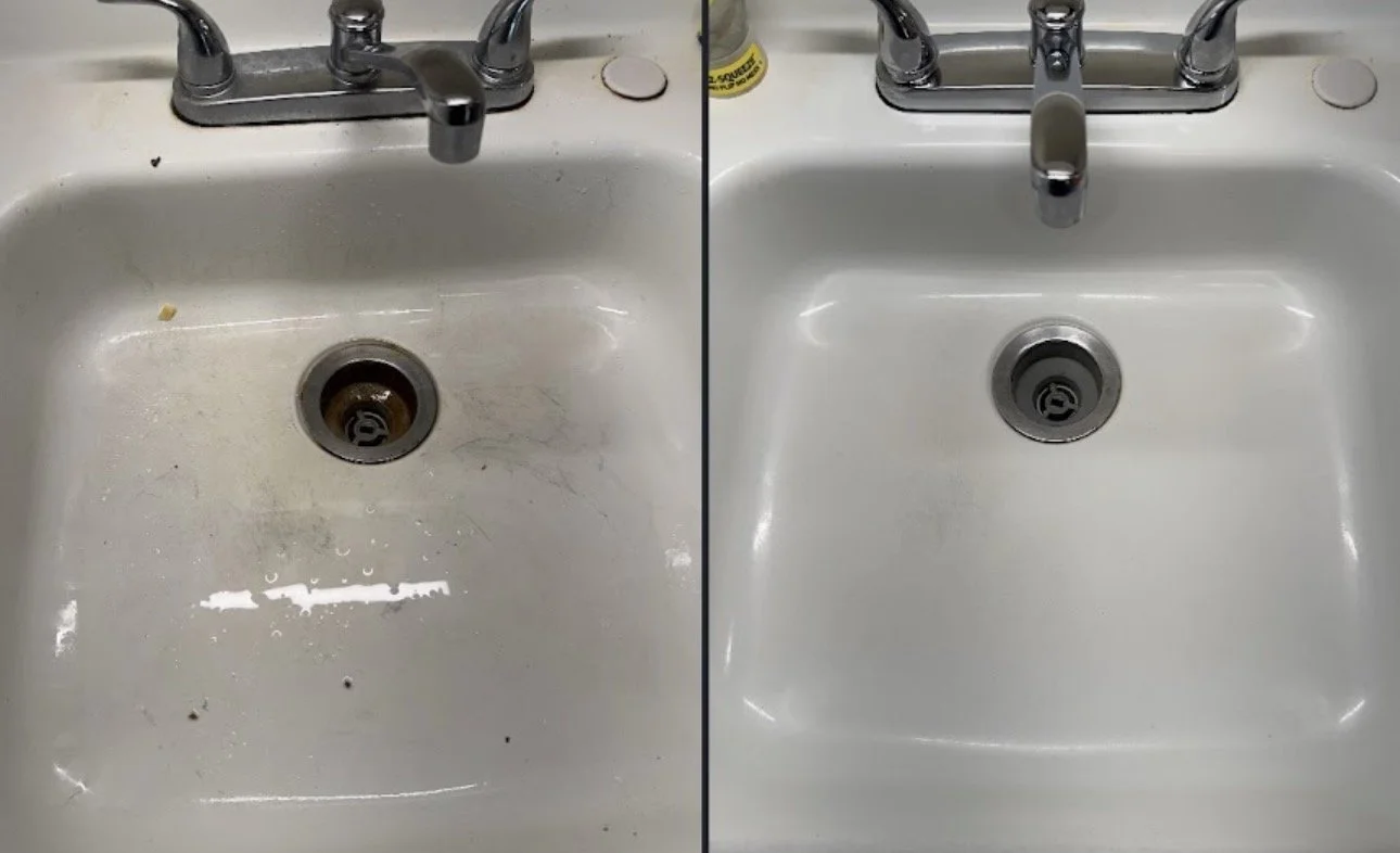 Comparison of a dirty kitchen sink on the left and a cleaned sink on the right.