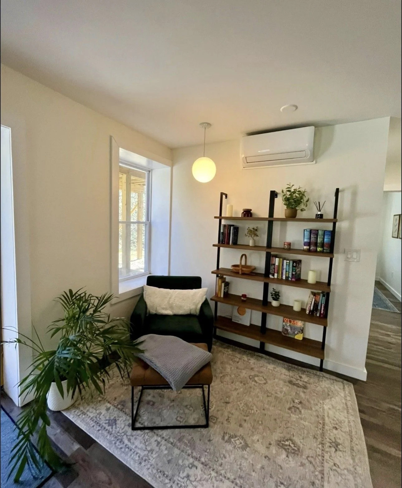 Living room with a black armchair, a wooden bookshelf, potted plants, a window, and a hanging ceiling light.