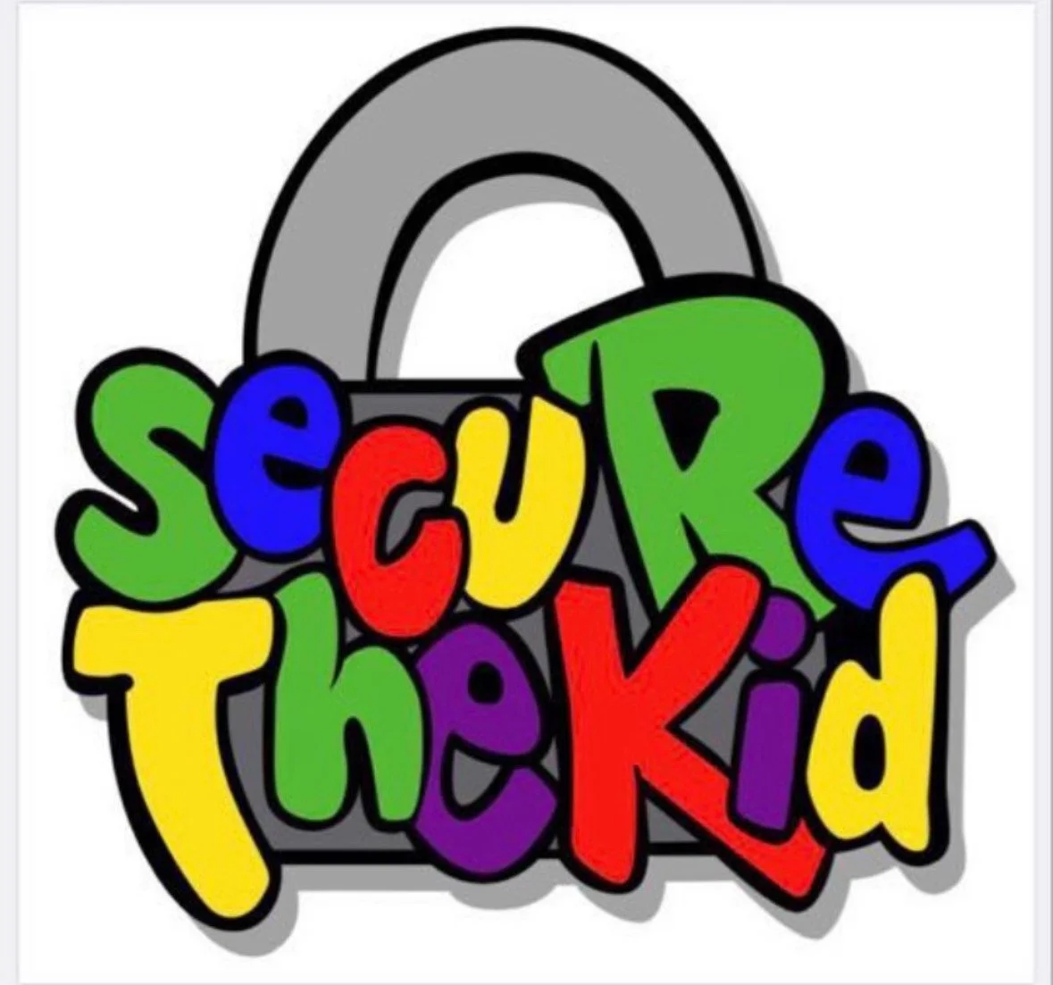 Colorful cartoon words 'Secure The Kid' over a gray lock symbol.