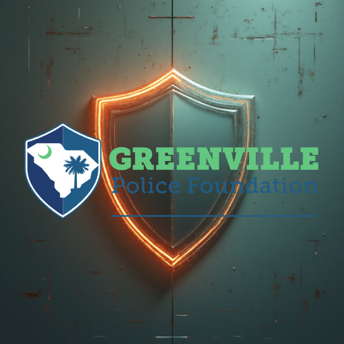 Neon-lit shield logo with the words "GREENVILLE Police Foundation" over a teal wall background.