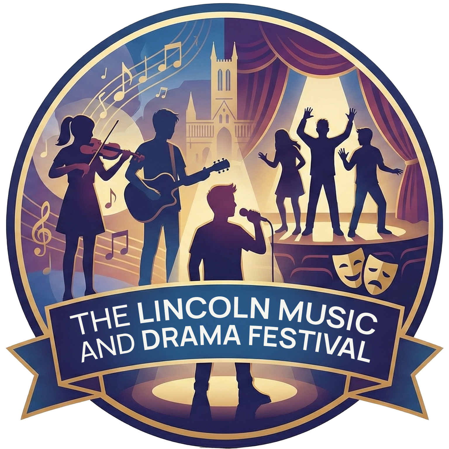 A circular logo for The Lincoln Music and Drama Festival features silhouettes of performers on stage with musical instruments and a microphone, a backdrop of a castle and curtain, and theatrical masks, with a banner displaying the festival name.