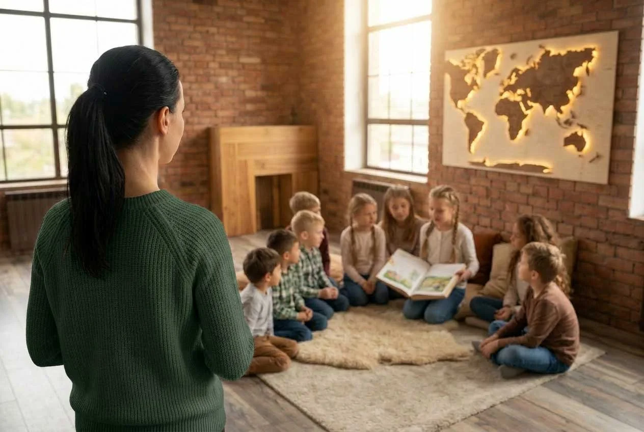 Eine Frau liest einer Gruppe von Kindern ein Buch vor, während sie auf einem Teppich im Zimmer sitzen. Im Hintergrund sind große Fenster, eine große Weltkarte und eine Wand im industriellen Stil.