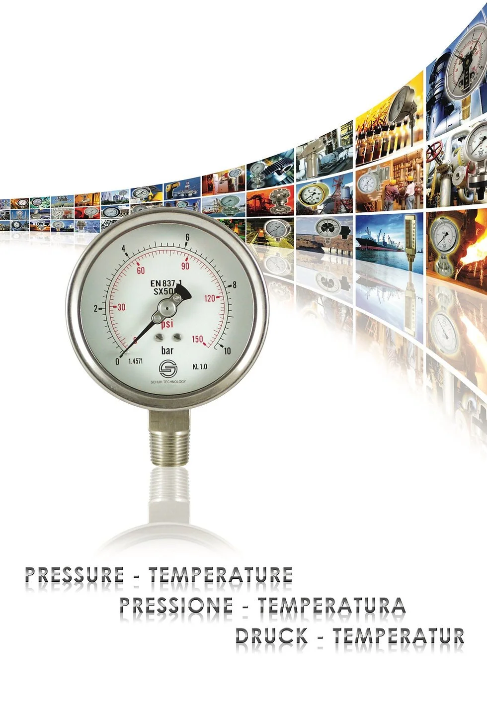 Close-up of a pressure gauge with a background of industrial and port images, and text reading "Pressure - Temperature" in English, Italian, and German.