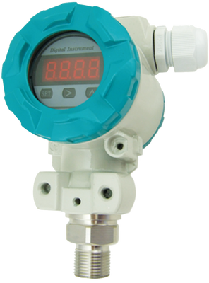 Industrial digital pressure transmitter with a blue protective cover