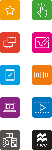 A vertical row of colorful app icons on a black background, including a star, a hand tap, an open book, a drawing with a pencil, a checklist, a sound wave, an open book, a play button, and a document with a magnifying glass and the word 'mee'.