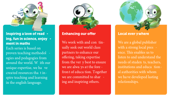 Three cartoon frogs holding science and global icons, with colorful text boxes highlighting values: inspiring love of reading and science, enhancing offerings with partnerships, and being a global publisher.