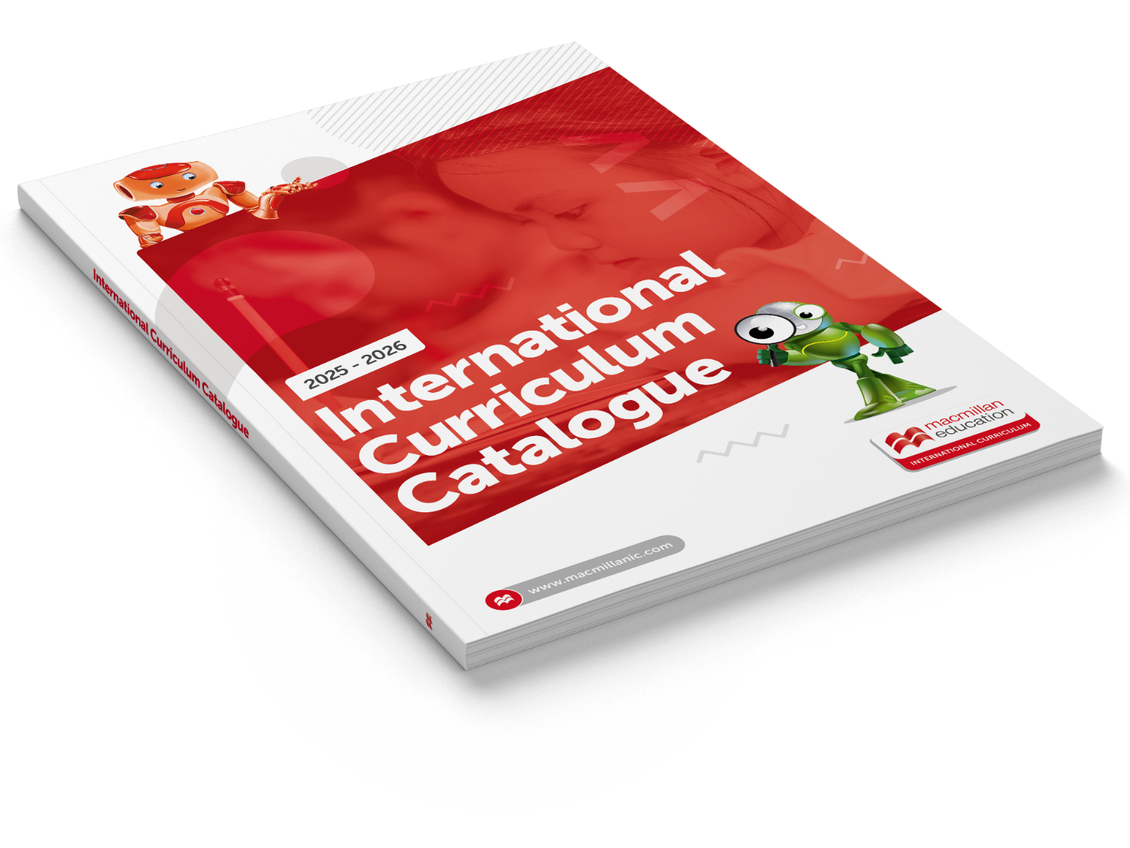 Cover of the 2025-2026 International Curriculum Catalogue by Macmillan Education, featuring animated characters, a robot and a green creature, with a child and a woman in a blurred background.