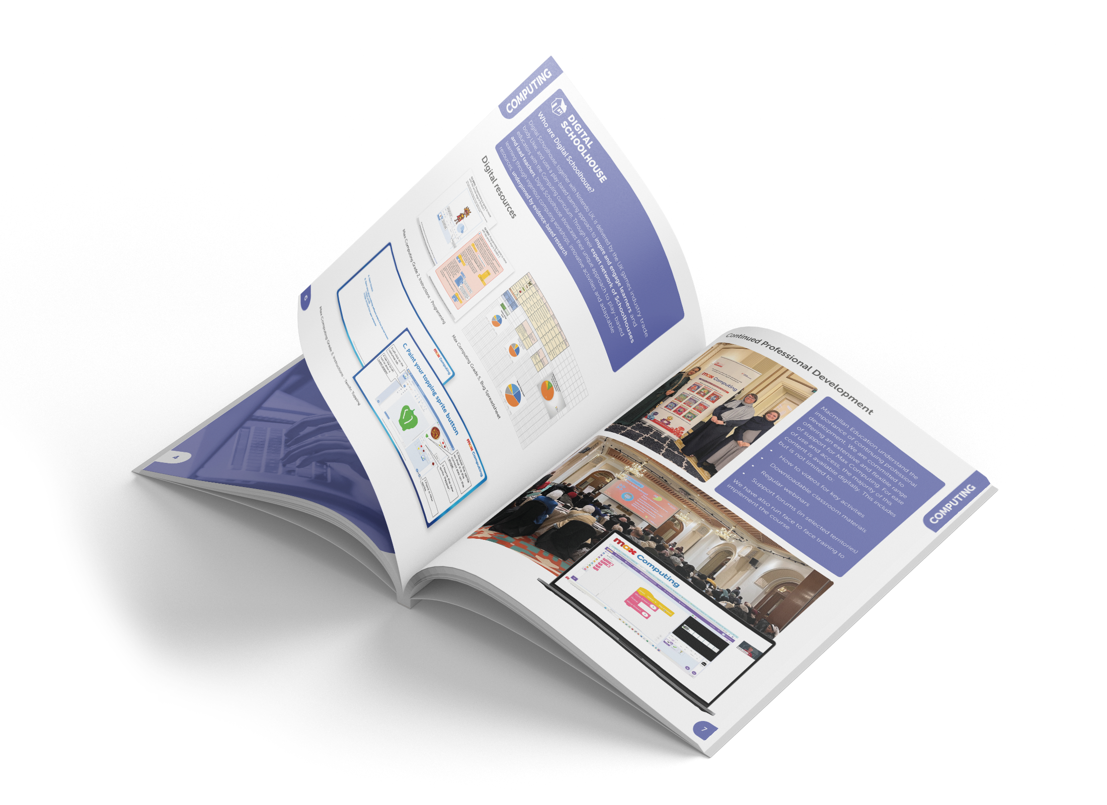 Open magazine featuring pages on digital education, diagrams, photos of a conference, and educators.