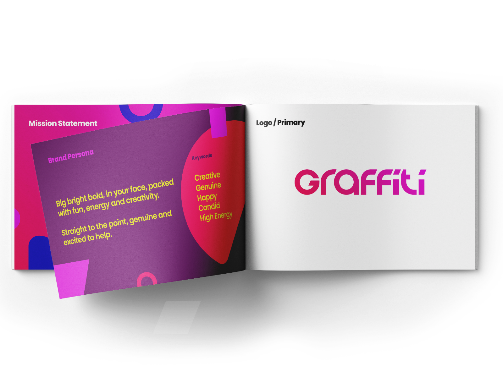 Brand Guideline for Graffiti, showcasing pages such as the mission statement and brand persona.
