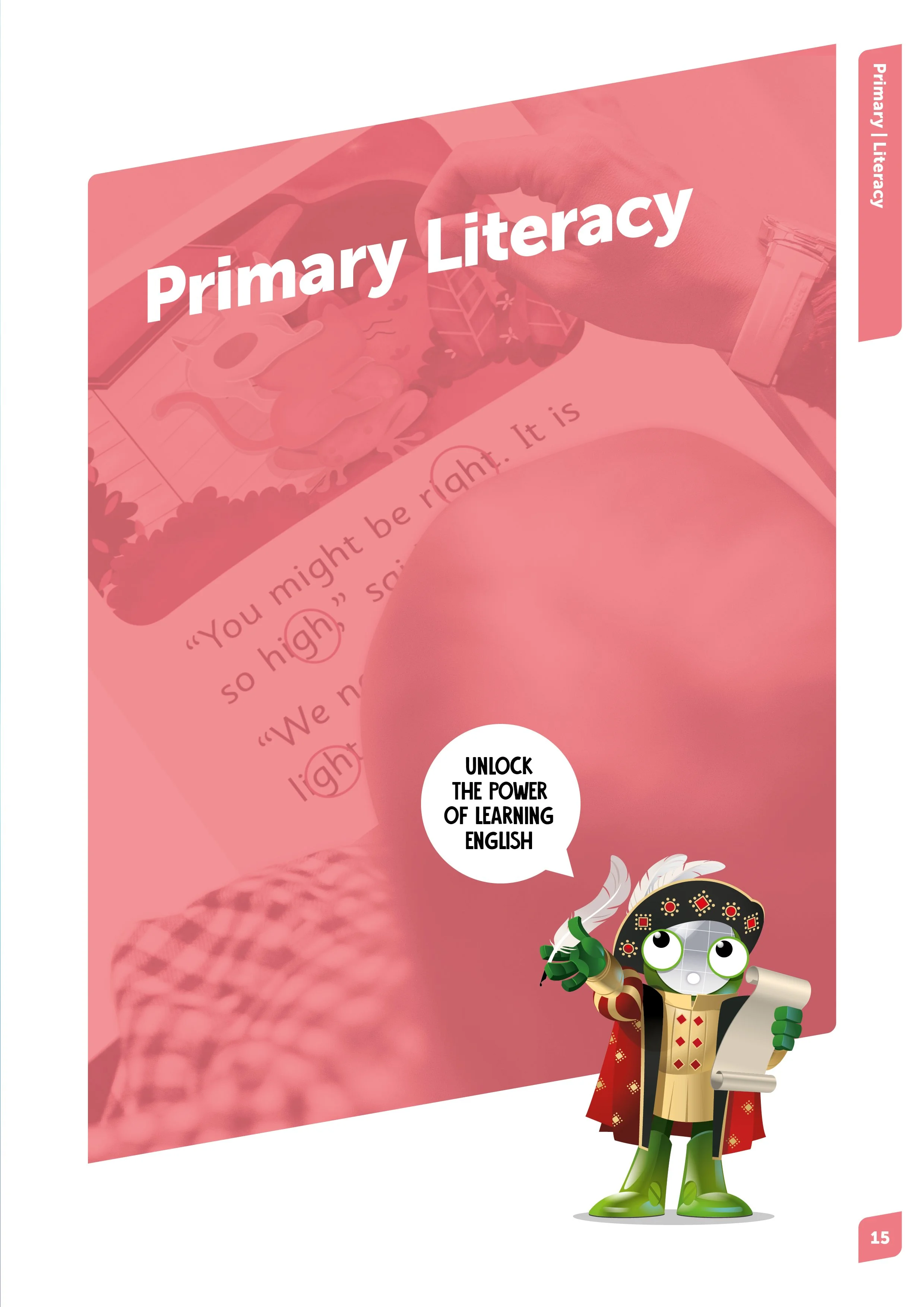 A colorful educational page about primary literacy, featuring a cartoon character dressed as a wizard with a scroll, promoting learning English.