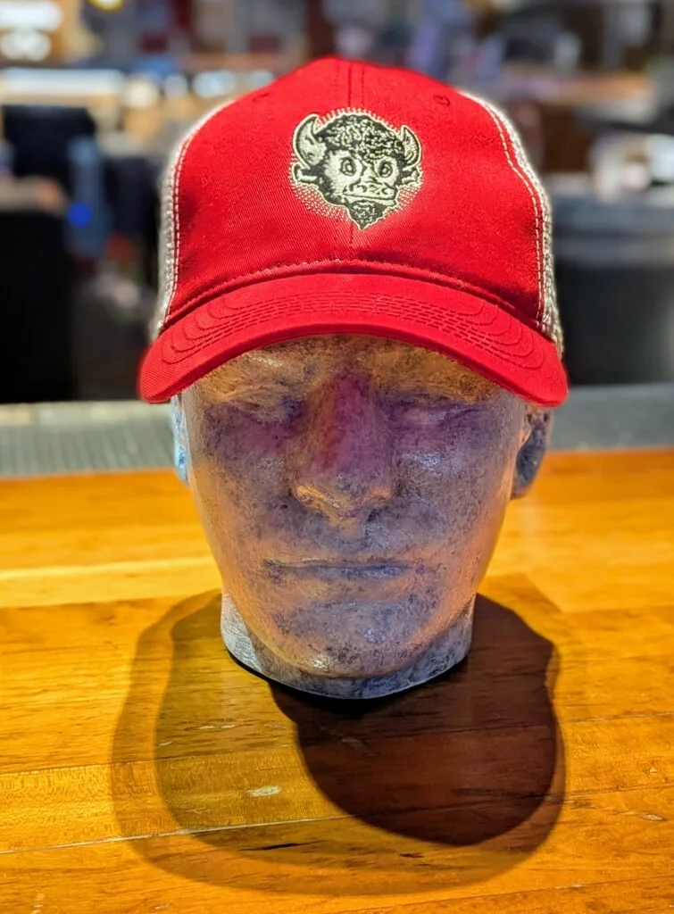 Nick’s Trucker Hat – Crimson & Cream with Bison