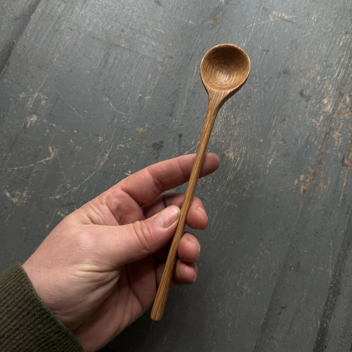 Hand Carved Oak Long Handled Spice Spoon made from recycled oak | Hand Carved Wooden Spoons UK