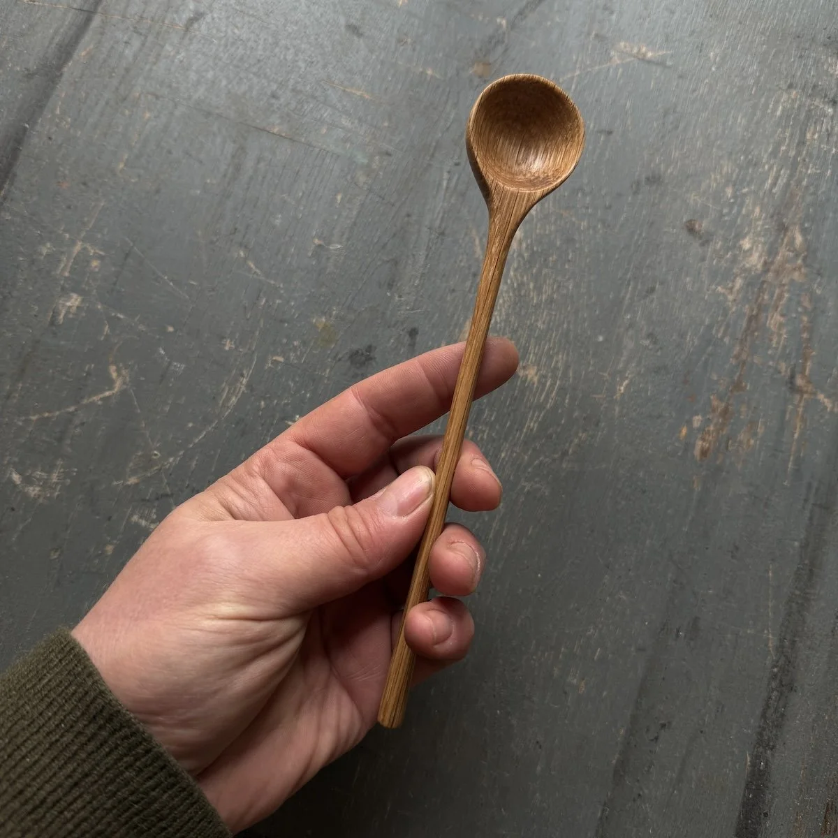 Hand Carved Oak Long Handled Spice Spoon made from recycled oak | Hand Carved Wooden Spoons UK