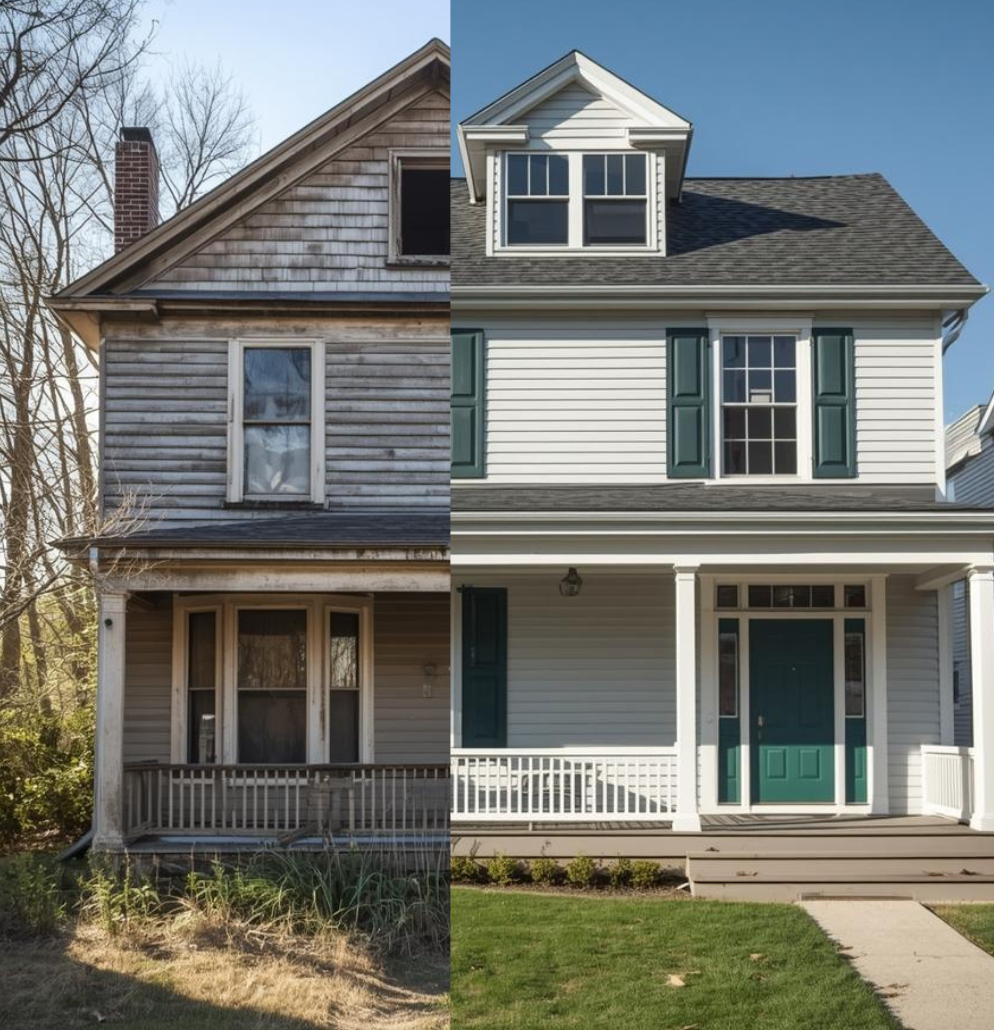 Split image of two houses; the left shows an old, weathered house with gray wooden siding, a chimney, and a front porch with worn wood; the right shows a renovated modern house with clean white siding, dark shutters, a porch, and a well-maintained lawn.