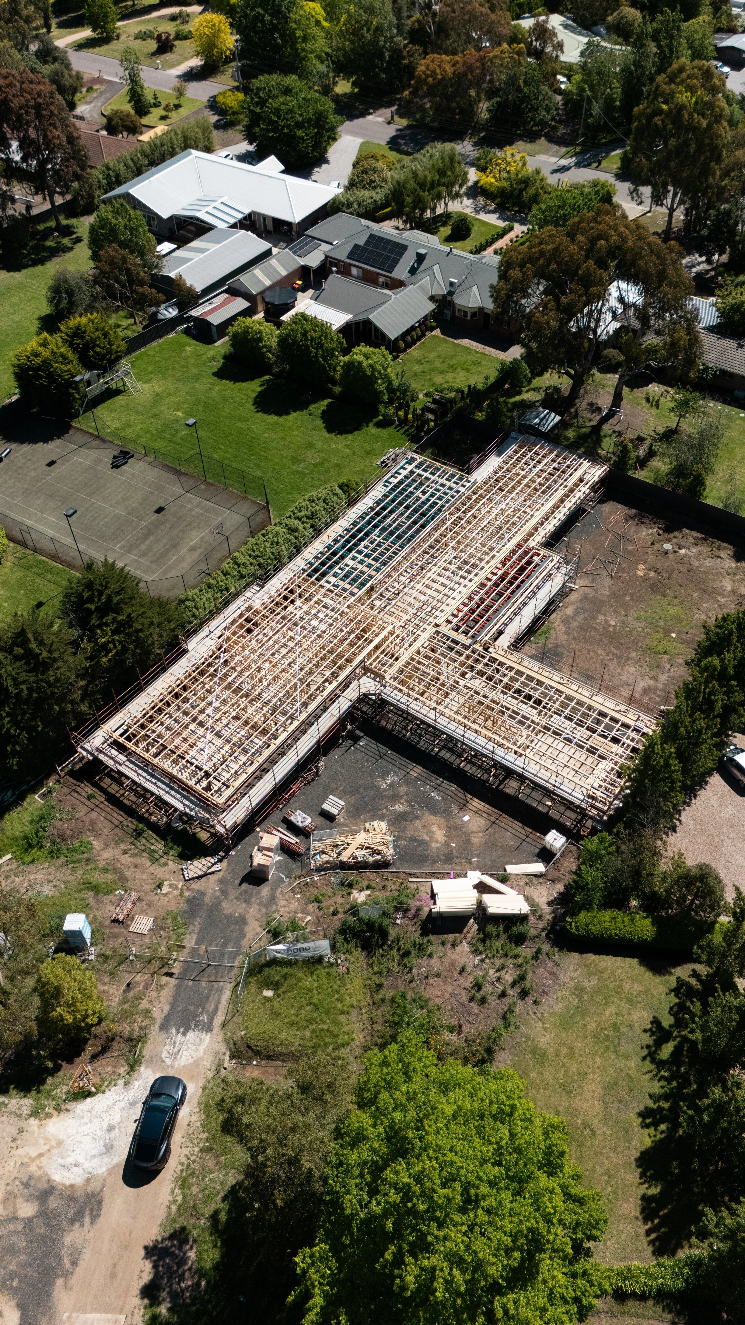 Aerial view of a house under construction by Provue Built team