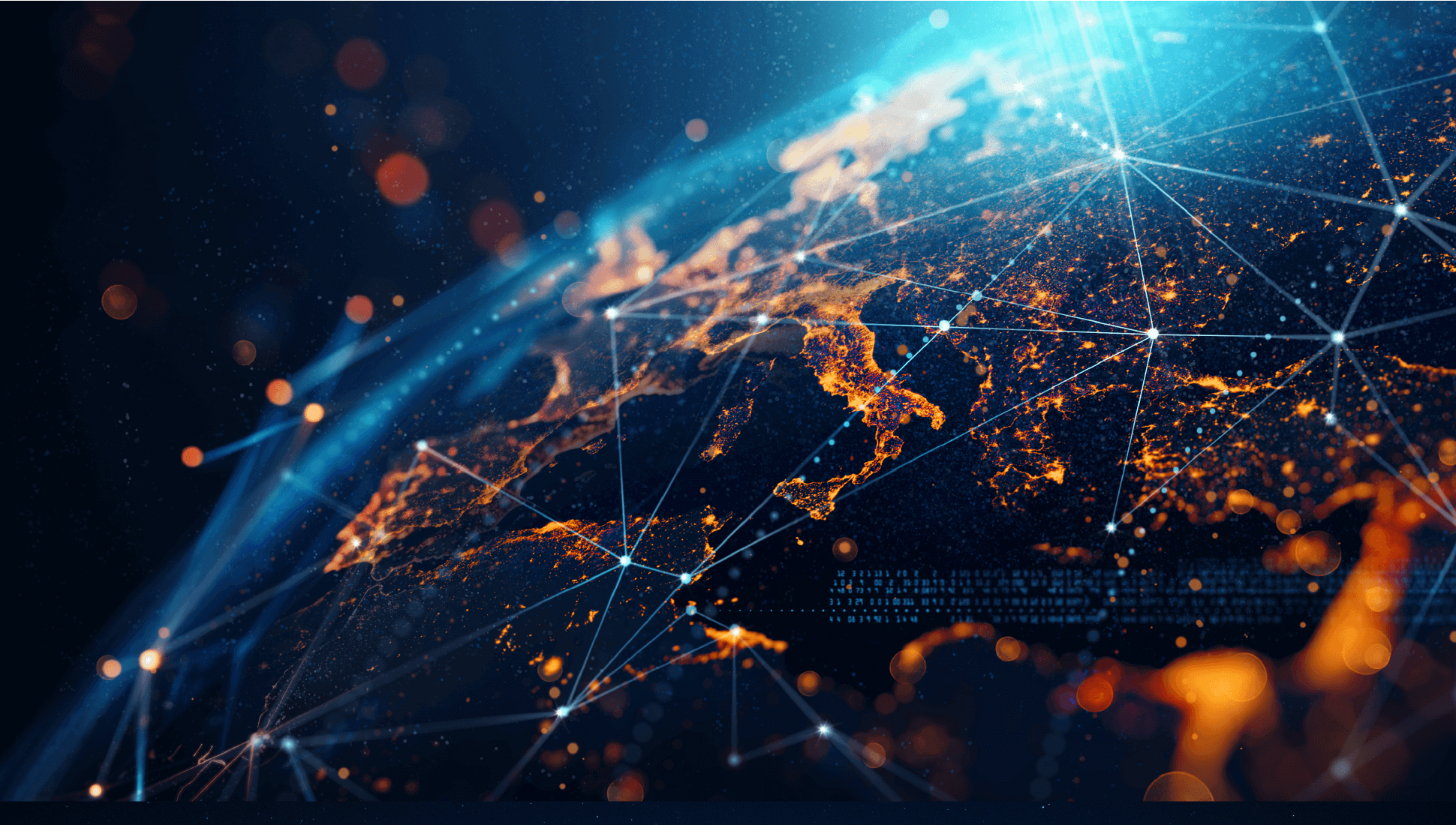 Digital visualization of Earth at night with glowing city lights and interconnected lines, representing a global network or communication connections.