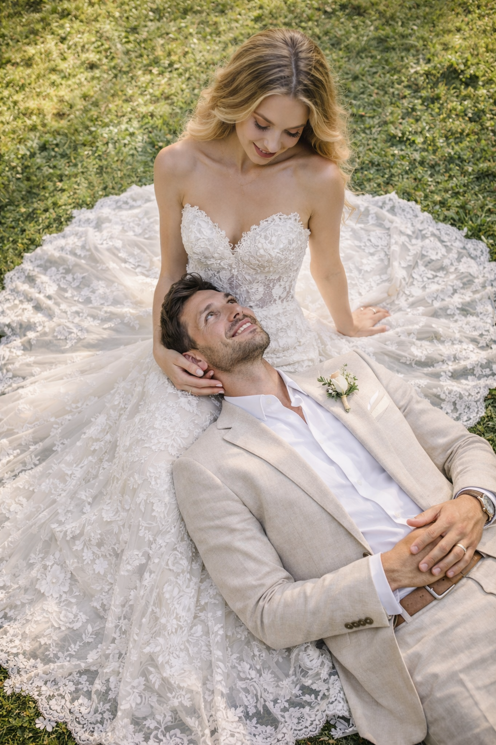 Ein Brautpaar liegt auf einem weißen Spitzenkleid auf dem Rasen, die Braut sitzt und schaut auf den Bräutigam, der zufrieden auf dem Rücken liegt und ihn liebevoll ansieht.