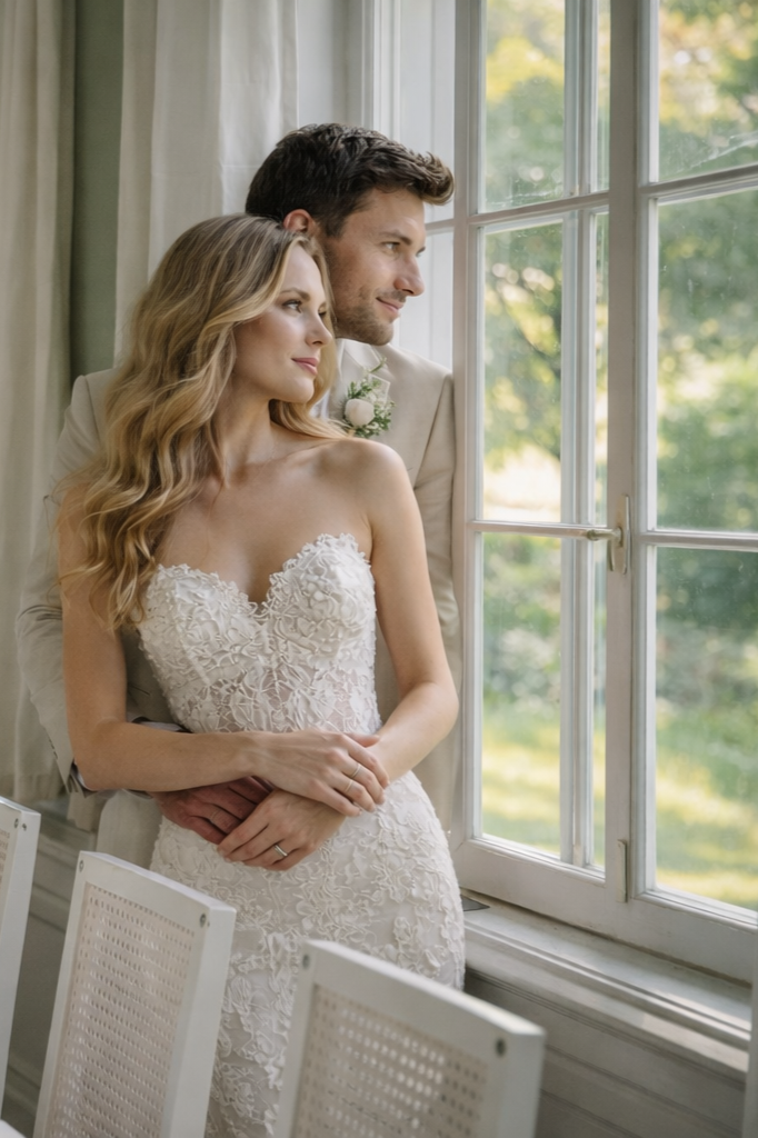 Ein frisch vermähltes Paar steht am Fenster und schaut nach draußen, die Braut trägt ein Spitzenhochzeitskleid, der Bräutigam einen hellen Anzug mit Blume im Revers, in einem hell erleuchteten Raum.