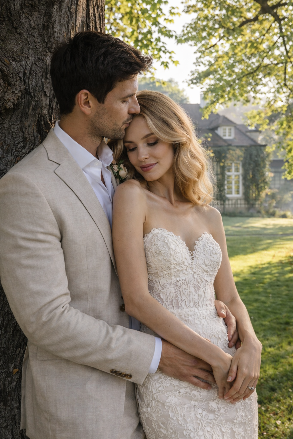 Ein verliebtes Paar in Hochzeitskleidung steht eng an einem Baum im Freien bei Sonnenuntergang, umgeben von grünen Bäumen und einem Haus im Hintergrund.