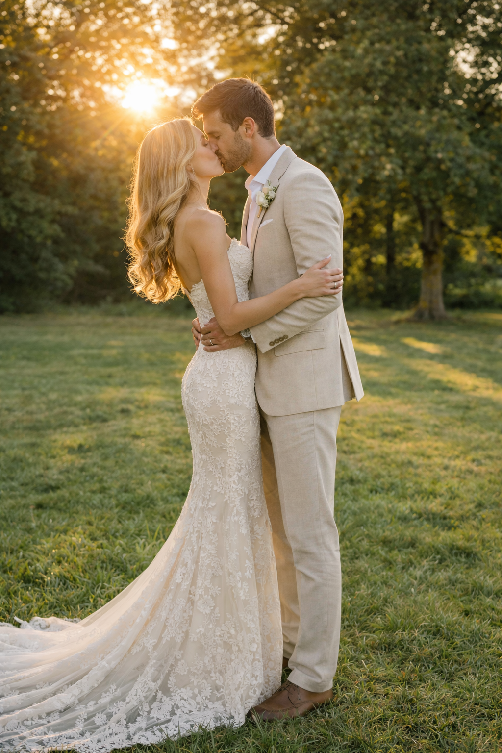 Ein Brautpaar küsst sich bei Sonnenuntergang im Freien, mit Bäumen im Hintergrund.