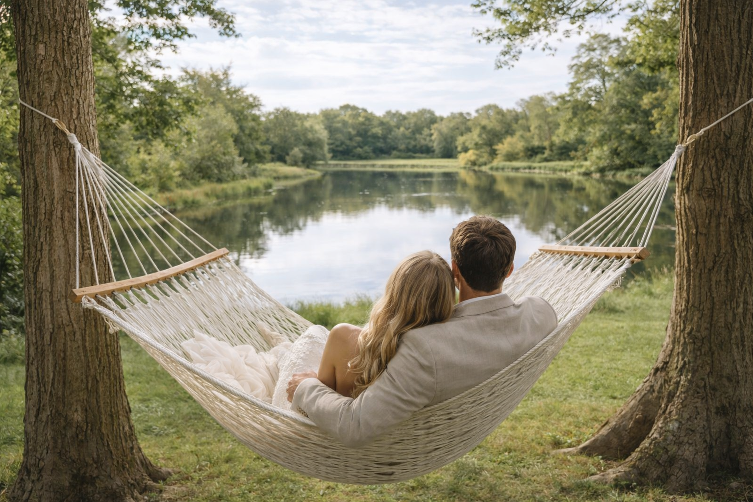 Paar sitzt in einer Hängematte zwischen zwei Bäumen, blickt auf einen ruhigen Fluss in einer grünen, bewaldeten Landschaft, bei schönem Wetter.