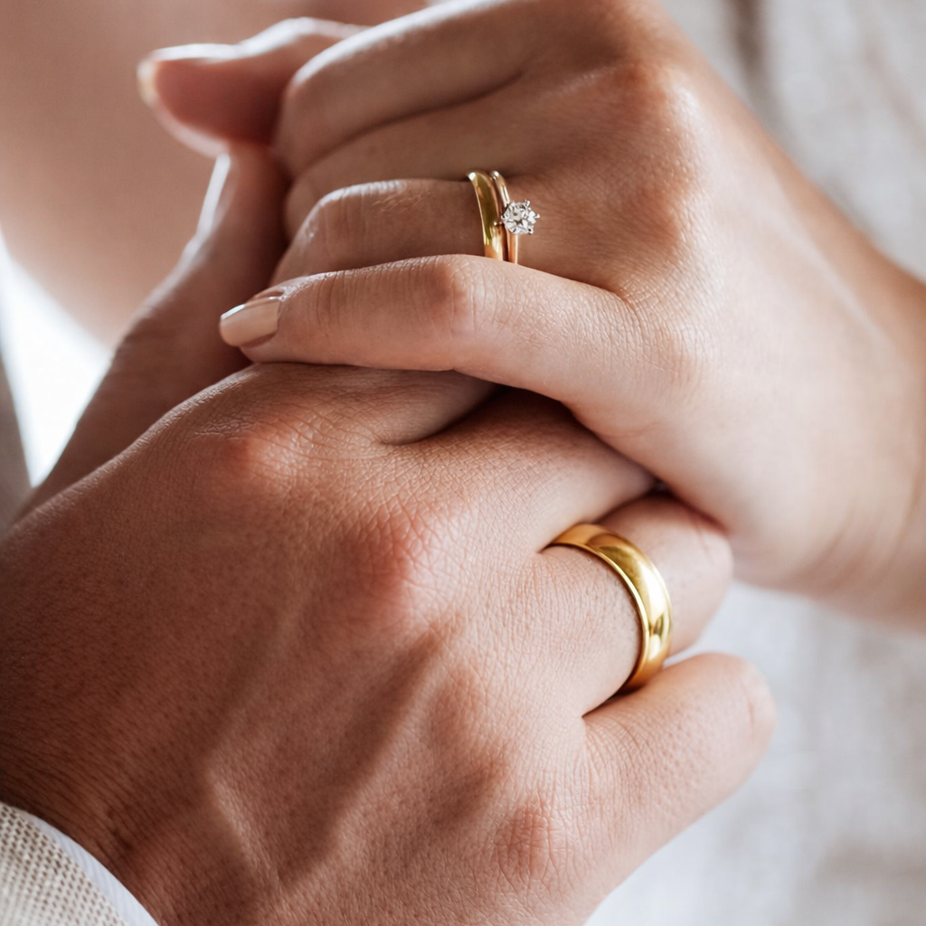 Zwei Hände, die sich berühren, mit goldenen Ringen, eines mit einem Diamantring, Nahaufnahme.