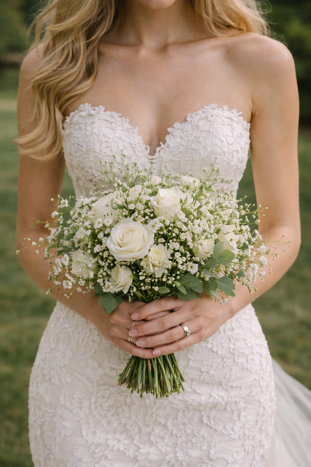 Frau in einer Hochzeitskleidung hält einen Brautstrauß aus weißen Rosen und kleinen weißen Blümchen.